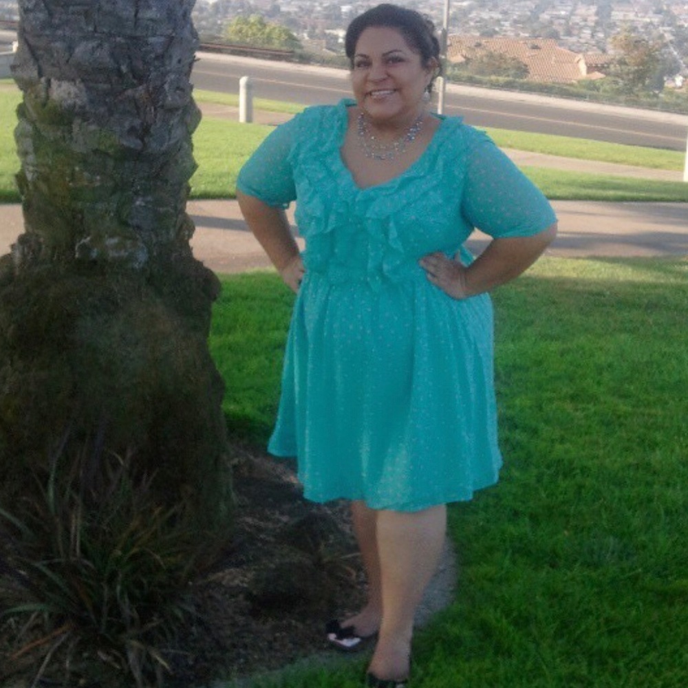 ESHAKTI Mint Dress with Pink Polka-Dots Size 20